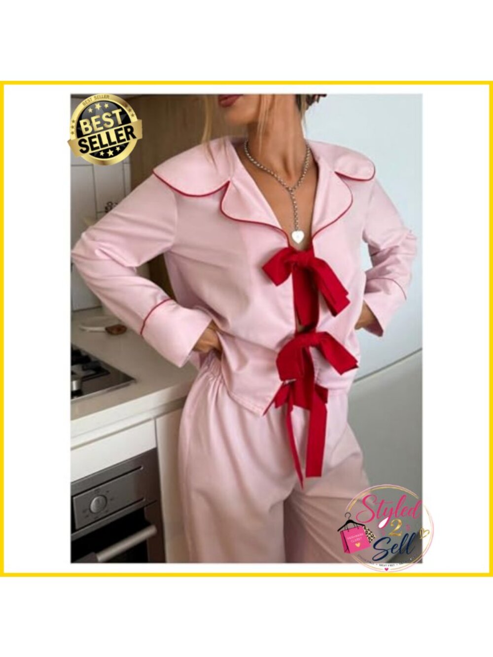 2 Piece Pajama Set Bow Tie Front Long Sleeve Top Wide Leg Pants Sleepwear - Picture 2 of 3